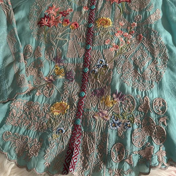 JOHNNY WAS Allbee Embroidered Floral Geometric Print Ruffle Scallop Hem Blouse - Picture 6 of 11